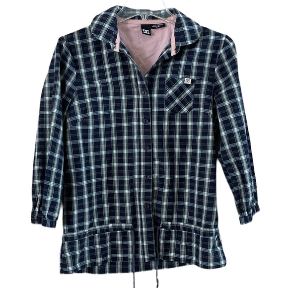 DC Women’s Plaid Shirt Cinch Tie At Bottom Size L Collar Button Down Pocket - Picture 1 of 16